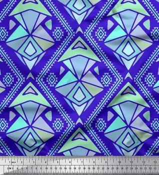 Soimoi Blue Japan Crepe Satin Ткань с ромбовидными и треугольными геометрическими принтами на метр 42 дюйма 42 Inch Wide - Cotton Voile синий
