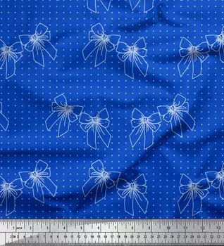 Soimoi Blue Japan Crepe Satin Ткань с принтом в виде бантов и точек на метр 42 дюйма 42 Inch Wide - Poly Crepe синий