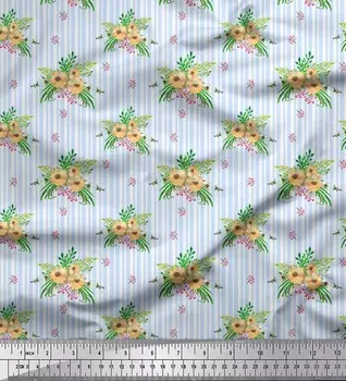 Soimoi Blue Japan Crepe Satin Ткань в полоску и цветочные принты Anemone на метр 42 дюйма 42 Inch Wide - Poly Crepe зелёный