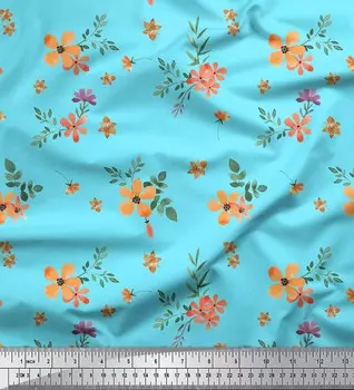 Soimoi Blue Japan Креп Атлас Ткань Листья & Pimpernel Цветочный принт Ткань по метру 42 дюйма 42 Inch Wide - Poly Crepe коричневый