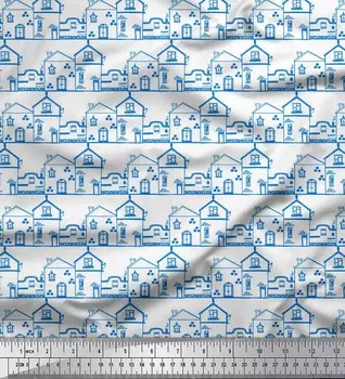 Soimoi Blue Japan креп-атласная ткань для дома с архитектурным принтом, швейная ткань, метр 42 дюйма 42 Inch Wide - Poly Crepe синий