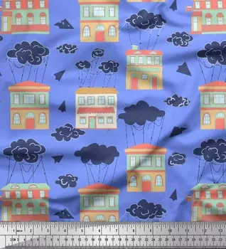 Soimoi Blue Japan Креп-сатин Ткань Облака и Дом с архитектурным принтом Ткань по метрам 42 дюйма 42 Inch Wide - Poly Crepe коричневый