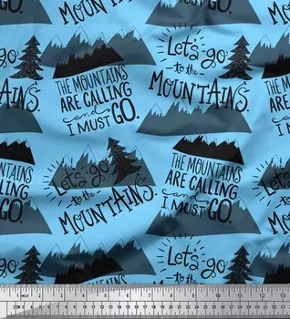 Soimoi Blue Japan Креп-сатин Ткань с горами и текстовым принтом 1 метр 42 дюйма 42 Inch Wide - Poly Crepe синий