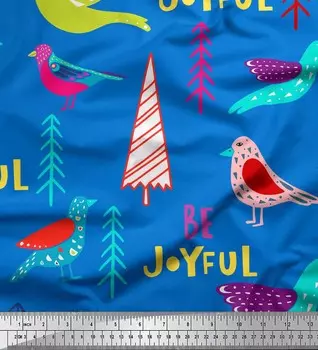 Soimoi Blue Japan креп-сатин ткань ткань с художественным принтом текста и птиц 1 метр 42 дюйма 42 Inch Wide - Poly Crepe синий