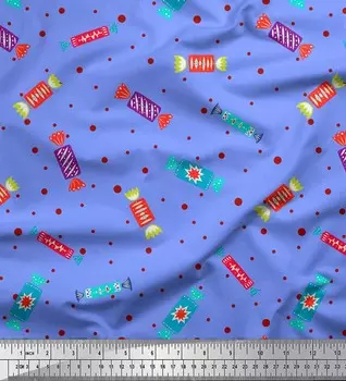 Soimoi Blue Japan Креп-сатин Ткань в горошек и конфеты с пищевым принтом 1 метр 42 дюйма 42 Inch Wide - Poly Crepe синий