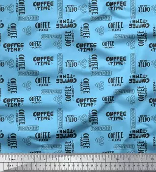 Soimoi Blue Japan креп-сатиновая ткань Coffee Time Текстовый декор Ткань с принтом метр 42 дюйма 42 Inch Wide - Poly Crepe синий
