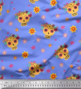 Soimoi Blue Japan креп-сатиновая ткань с цветочным и племенным принтом черепа, швейная ткань, метр 42 дюйма 42 Inch Wide - Poly Crepe синий