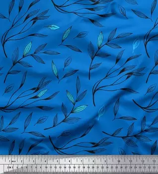 Soimoi Blue Poly Crepe Fabric Curry Leaves Печатная ткань 1 метр 42 дюйма 42 Inch Wide - Poly Crepe синий