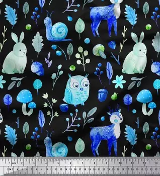 Soimoi Blue Poly Crepe Fabric Mushroom | Животные и сова Детская ткань с принтом в ярдах 42 дюйма 42 Inch Wide - Poly Crepe синий