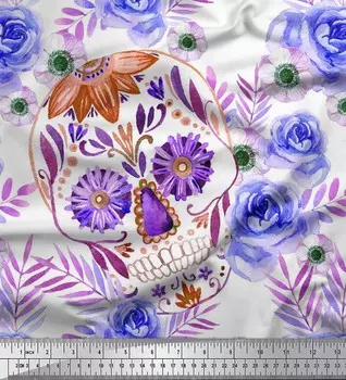Soimoi Blue Poly Crepe Fabric Skull | Ткань с цветочным принтом розы и анемона в ярдах 42 дюйма 42 Inch Wide - Poly Crepe синий