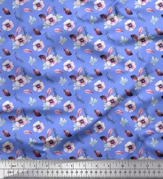 Soimoi Blue Poly Crepe Ткань Перья и ткань с цветочным принтом Anemone на метр 42 дюйма 42 Inch Wide - Poly Crepe синий