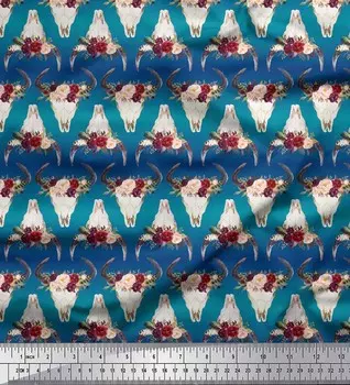 Soimoi Blue Poly Crepe Ткань с цветочным принтом бычьего черепа Швейная ткань BTY 42 дюйма 42 Inch Wide - Poly Crepe синий