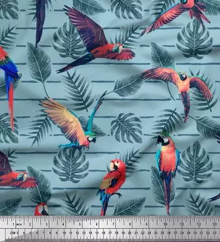 Soimoi Blue Poly Crepe Ткань с принтом тропических листьев и птиц Швейная ткань метр 42 дюйма 42 Inch Wide - Poly Crepe синий