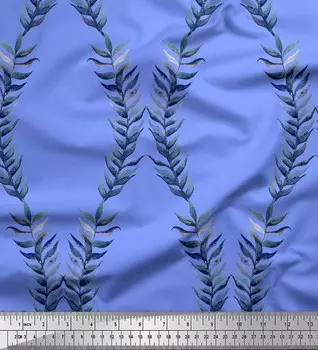 Soimoi Blue Poly Crepe Ткань с принтом лавровых листьев на метр 42 дюйма 42 Inch Wide - Poly Crepe синий