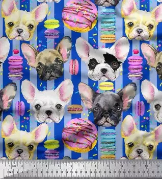 Soimoi Blue Poly креповая ткань в полоску | Ткань с принтом собаки в виде пончиков и щенков в ярдах 42 дюйма 42 Inch Wide - Poly Crepe синий