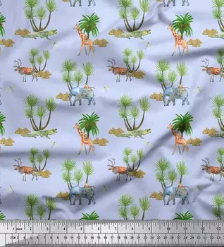 Soimoi Blue Япония Креп Атлас Ткань Животные и Пальма Декор Ткань Напечатанный метр 42 дюйма 42 Inch Wide - Poly Crepe синий