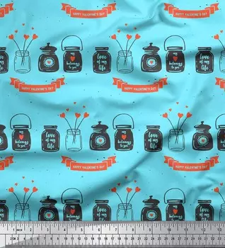 Soimoi Blue Япония Креп Атласная Ткань Банка и Счастливый День Святого Валентина Текст Декор Ткань Печатный метр 42 дюйма 42 Inch Wide - Poly Crepe синий