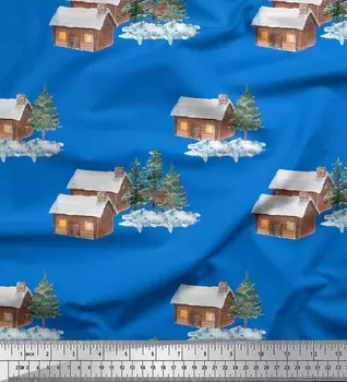 Soimoi Blue Япония Креп Атласная Ткань Сосна и Коттедж Природа Принт Швейная Ткань Метр 42 Дюйма 42 Inch Wide - Poly Crepe синий