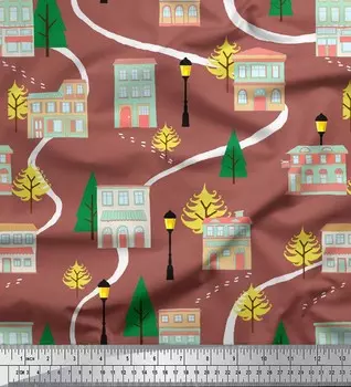 Soimoi Brown Japan Crepe Satin Fabric Tree, Street Lamp & House Architectural Print Fabric на метр 42 дюйма 42 Inch Wide - Poly Crepe коричневый