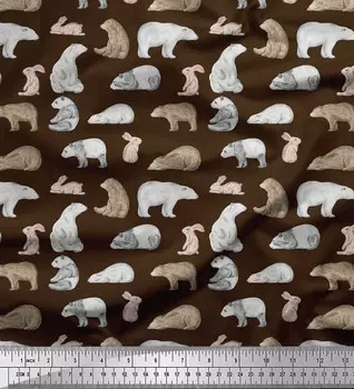Soimoi Brown Poly Crepe Fabric Ткань с принтом медведя и кролика в ярдах 42 дюйма 42 Inch Wide - Poly Crepe коричневый
