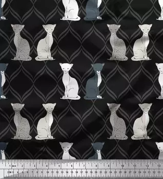 Soimoi Черная полиэфирная креповая ткань Четырехлистник Кошка с животным принтом на дворе 42 дюйма 42 Inch Wide - Poly Crepe чёрный