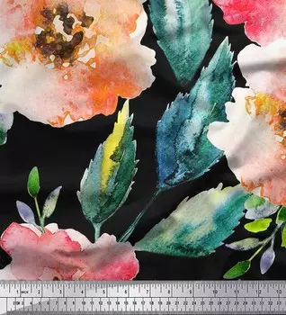 Soimoi Черная полиэфирная креповая ткань Цветы и листья Ткань с акварельным принтом 1 ярд 42 дюйма 42 Inch Wide - Poly Crepe чёрный