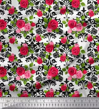 Soimoi Черная полиэфирная креповая ткань Дамасская цветочная ткань с принтами в ярдах 42 дюйма 42 Inch Wide - Poly Crepe синий