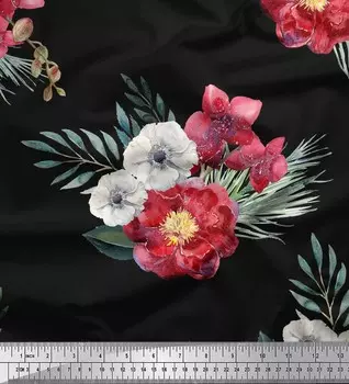 Soimoi Черная полиэфирная креповая ткань с цветочным принтом пионов и анемонов, 1 ярд, 42 дюйма 42 Inch Wide - Poly Crepe чёрный