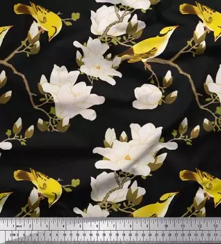 Soimoi Черная полиэфирная креповая ткань с цветочным принтом и листьями Птица с принтом птиц 1 ярд 42 дюйма 42 Inch Wide - Poly Crepe чёрный
