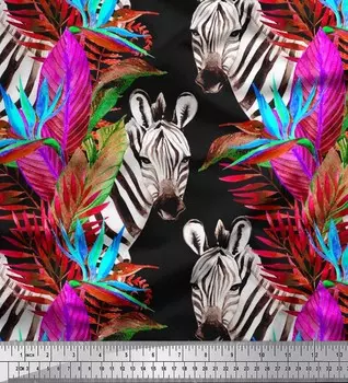 Soimoi Черная полиэфирная креповая ткань с принтом тропических листьев и диких животных в ярдах, 42 дюйма