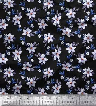 Soimoi черная японская креп-атласная ткань с цветочным принтом и листьями барвинка, метр 42 дюйма 42 Inch Wide - Poly Crepe синий