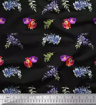 Soimoi черная японская креп-атласная ткань с цветочным принтом и листьями ткань с акварельным принтом 1 метр 42 дюйма 42 Inch Wide - Cotton Voile чёрный