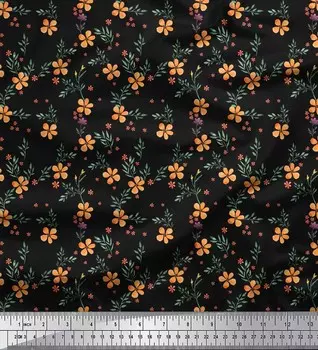 Soimoi черная японская креп-атласная ткань с цветочным принтом и листьями барвинка, метр 42 дюйма 42 Inch Wide - Poly Crepe чёрный