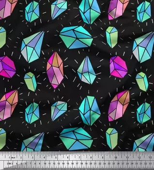 Soimoi Черная японская креп-сатиновая ткань с кристаллами и камнями, геометрический принт, ткань по метрам, 42 дюйма 42 Inch Wide - Poly Crepe чёрный