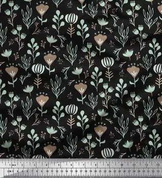 Soimoi черный японский креп-атласная ткань с листьями и цветами клевера, швейная ткань с принтом, метр 42 дюйма 42 Inch Wide - Poly Crepe чёрный
