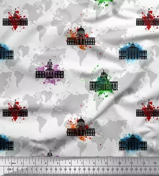 Soimoi черный японский креп-сатин ткань мазок и эскиз памятники архитектурный принт швейная ткань метр 42 дюйма 42 Inch Wide - Poly Crepe чёрный