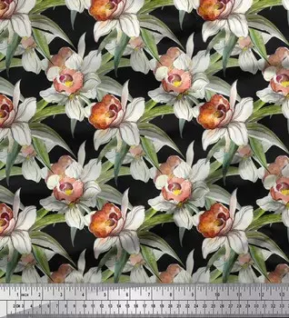 Soimoi черный японский креп-сатин ткань с листьями и нарциссами с цветочным декором ткань с принтом метр 42 дюйма 42 Inch Wide - Poly Crepe фиолетовый