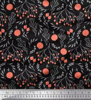 Soimoi Черный японский креп-сатин Ткань с принтом веток и красных ягод и фруктов, 1 метр 42 дюйма 42 Inch Wide - Poly Crepe чёрный