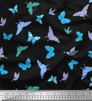 Soimoi черный японский креп-сатин ткань с принтом бабочек и бабочек ткань на метр 42 дюйма 42 Inch Wide - Poly Crepe чёрный