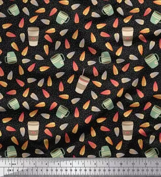 Soimoi черный японский креп-сатин ткань с листьями, чашками чая и кофейными напитками Декор ткань с принтом метр 42 дюйма 42 Inch Wide - Poly Crepe фиолетовый