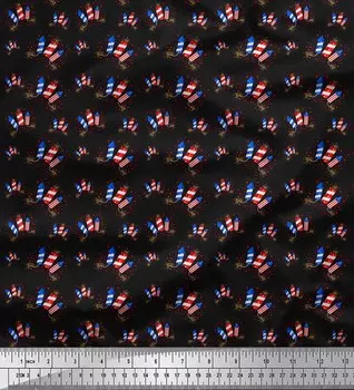 Soimoi, черный японский креп-сатин, ткань со звездами, ракетами и шотами, крекерами, ткань с принтом для вечеринок, 1 метр, 42 дюйма 42 Inch Wide - Poly Crepe чёрный