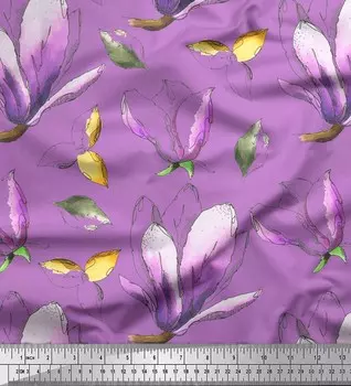 Soimoi фиолетовая японская креп-сатиновая ткань с листьями и цветочным принтом магнолии, 1 метр 42 дюйма 42 Inch Wide - Poly Crepe фиолетовый