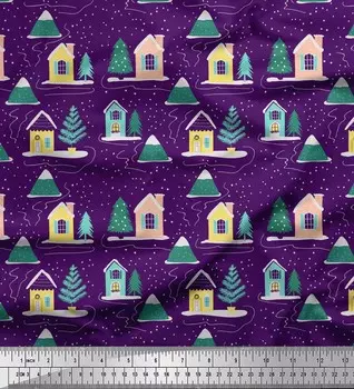 Soimoi фиолетовая японская креп-сатиновая ткань с рисунком рождественской елки и дома, ткань с природным принтом, 1 метр, 42 дюйма 42 Inch Wide - Poly Crepe фиолетовый