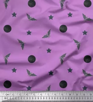 Soimoi фиолетовая японская креп-сатиновая ткань с принтом Луны, звезд и летучих мышей на Хэллоуин, ткань по метрам 42 дюйма 42 Inch Wide - Poly Crepe фиолетовый