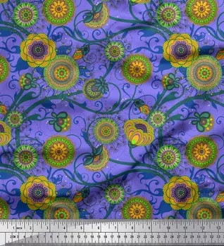 Soimoi Фиолетовая японская креп-сатиновая ткань с художественным цветочным принтом мандалы, ткань на метр 42 дюйма 42 Inch Wide - Poly Crepe фиолетовый