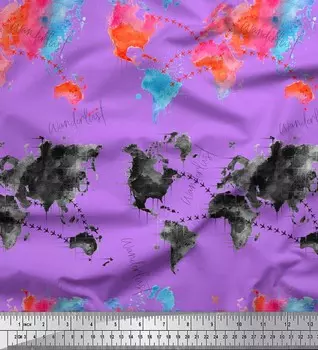 Soimoi Фиолетовая японская креп-сатиновая ткань с текстом и картой, швейная ткань с акварельным принтом, метр 42 дюйма 42 Inch Wide - Cotton Voile фиолетовый