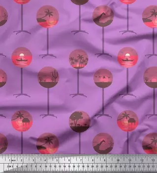 Soimoi Фиолетовая японская креп-сатиновая ткань с рисунком дерева, яхты и заката, природа, 1 метр 42 дюйма 42 Inch Wide - Poly Crepe фиолетовый