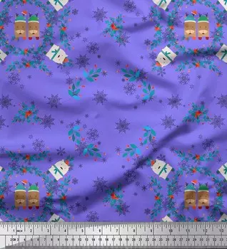 Soimoi Фиолетовая японская креп-сатиновая ткань с изображением медведя, листьев и безделушек с рождественским принтом, ткань по метрам, 42 дюйма 42 Inch Wide - Poly Crepe фиолетовый