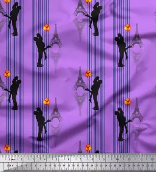 Soimoi фиолетовая японская креп-сатиновая ткань в полоску и с принтом «Эйфелева башня с любовью» по метрам, 42 дюйма 42 Inch Wide - Poly Crepe фиолетовый