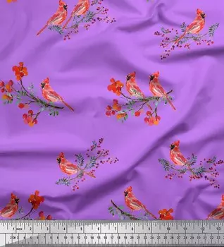 Soimoi фиолетовая японская креповая атласная ткань красные ягоды и бюльбюль птичья ткань печатает на метр 42 дюйма 42 Inch Wide - Poly Crepe фиолетовый